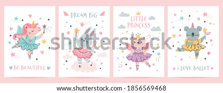 Animal princess in tutu. Magic fairy unicorn, bunny, cat and koala in ballet dresses. Scandinavian nursery ballerina print design vector set. Illustration ballet and unicorn, koala and bunny