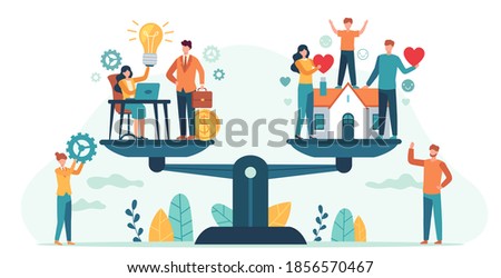 Home and work on scales. Woman and man balancing family and career. Business people compare love, children, job. Balance life vector concept. Illustration comparison finance compare family