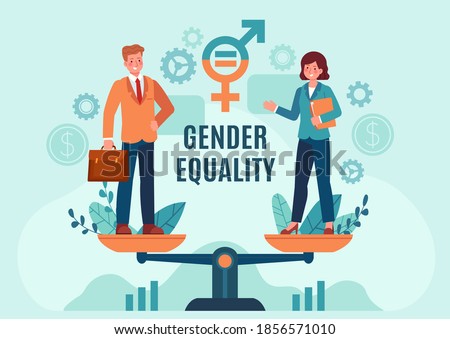 Gender business equality. Employee woman and man standing on balanced scales. Fair job opportunity and salary. Equal rights vector concept. Gender equality professional opportunity illustration
