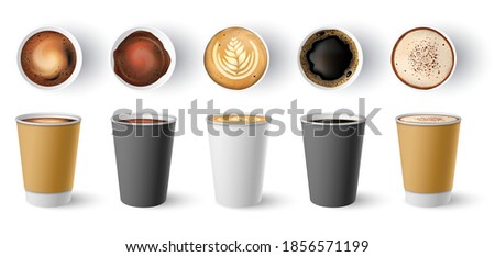 Coffee to go cup. Paper cappuccino cups top and side view. Hot americano, espresso and latte in cardboard takeaway package mockup vector set. Illustration cappuccino hot, coffee beverage