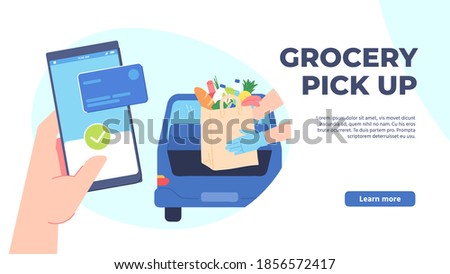 Grocery pickup. Safe shopping in store, order online and curbside pick up without leaving car. Hand phone orders food vector concept. Illustration service pick up shopping application, online order