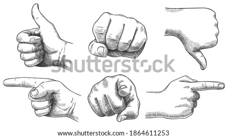 Engraved hands gesture. Hand drawn like and dislike, sketch punch and pointing finger. Vintage hand pointer vector illustration set. Thumb up and down, recommendation. Finger from and side view