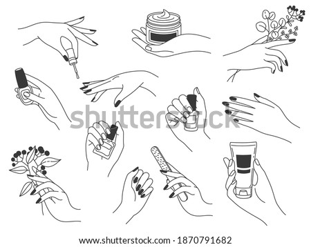 Hand manicure and care. Female logos for nail cosmetics and beauty spa salon. Hands paint, file nails, holding polish and cream, vector set. Doing manicure with nail polish, lotion