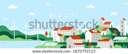 Eco city. Urban landscape of future town use alternative energy sources solar panel and windmills. Save environment ecology vector concept. Town with green wild nature and renewable energy Сток-фото © 