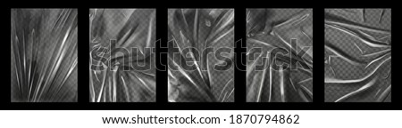 Plastic wrap. Crumpled and stretched polyethylene film for packages. Transparent fold texture of cellophane bag. Wrinkled wraps vector set. A4 size stretch film with crumpled effect