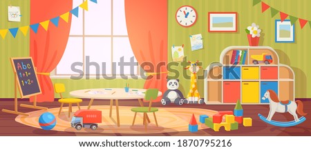 Kindergarten interior. Daycare nursery with furniture and kid toys. Preschool child room for playing, activity and learning, vector cartoon. Blackboard and table with chairs for children