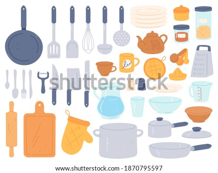 Kitchenware and utensils. Cooking baking kitchen tools. Chef cook equipment pan, bowl, kettle and pot, knives and cutlery, flat vector set. Objects for food preparation and eating collection