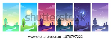 Countryside landscape in different parts of day time. Sky and field daytime circle as sunrise, morning or noon, sunset and night. Hills with tree, moon with stars and sun set vector illustration