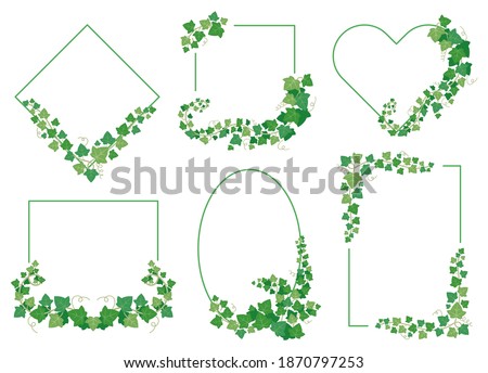 Ivy green leaves frames. Borders from evergreen plants of different shapes isolated on white background. Twig vine branches on rhombus, square, ellipse, heart and rectangle set vector illustration