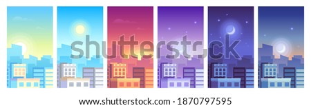 City landscape. Daytime cityscape sunrise, morning or day, sunset and night city skyline, town with buildings in different time and urban cityscape. Architecture silhouette vector set