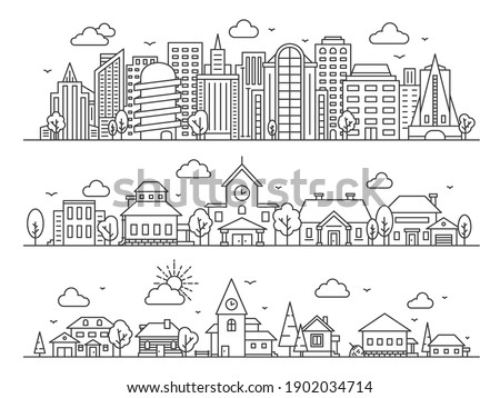 Line city, town and village. Landscape panoramas with skyscrapers, cottages and countryside houses. Urban and rural streets vector concept. Urban building line, house architecture