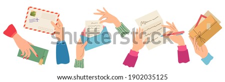 Hands sending letter. Female hand holding envelopes with stamps, write and read paper letters. Trendy post cards, mail delivery vector set. Envelope mail correspondence in hands illustration