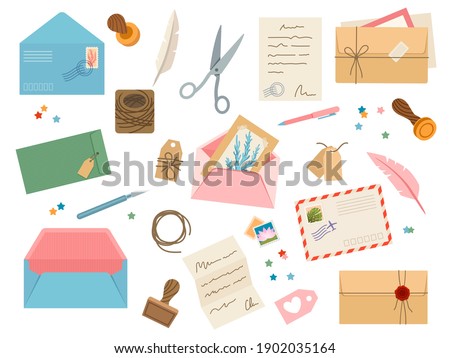 Envelopes with postmarks. Vintage paper mail letters with postage stamp, cards, sealing wax, scissors, twine, tags and pens. Post vector set of envelope and postcard for correspondence illustration