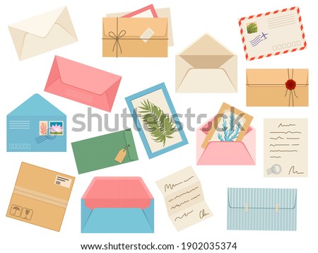 Letters, cards and envelopes. Postcard, paper mail with postmark, wax sealing and postage stamp, note and open handmade envelope, vector set. Illustration letter mail envelope paper