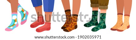 Legs in socks. Women and men leg in trendy sock pairs with pattern and texture. Flat cartoon female feets in stylish warm socks vector set. Illustration man women leg in socks fashionable