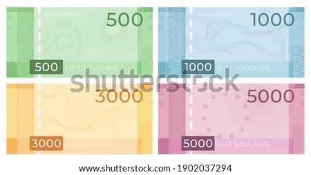 Voucher banknote with guilloche. Discount certificate in money design with watermark patterns. Gift coupon or currency vector set. Illustration certificate guilloche pattern, business coupon gift