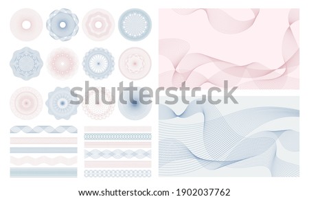 Money watermark. Geometric round, spiral and secure guilloches for passport or cheque. Spirograph patterns and borders vector set. Illustration certificate pattern watermark, decorative guilloche