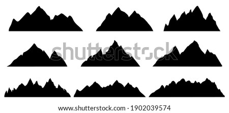 Mountain silhouette. Rocky range landscape shape. Hiking mountains peaks, hills and cliffs. Climbing stone mount abstract contour vector set. Illustration mountain silhouette shape, rocky cliff