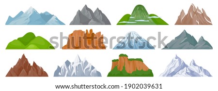 Cartoon mountains. Snowy mountain peak, hill, iceberg, rocky mount climbing cliff. Landscape and tourist hiking map elements vector set. Hill landscape, mountain peak outdoor to hiking illustration