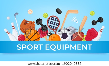 Sport equipment banner. Ball games and fitness items for rugby, badminton, soccer and basketball. Cartoon sports sale vector poster. Sport game shop banner, soccer ball and basketball illustration