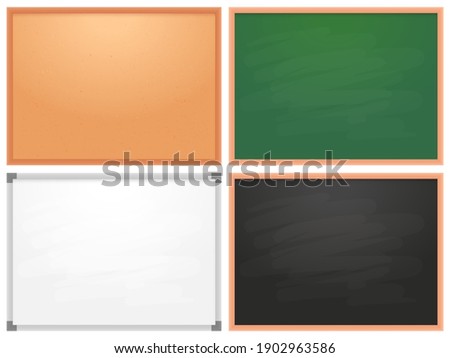 School chalkboard, cork board, whiteboard for markers. Collection of billboard for school college oe office, whiteboard and wooden. Vector illustration