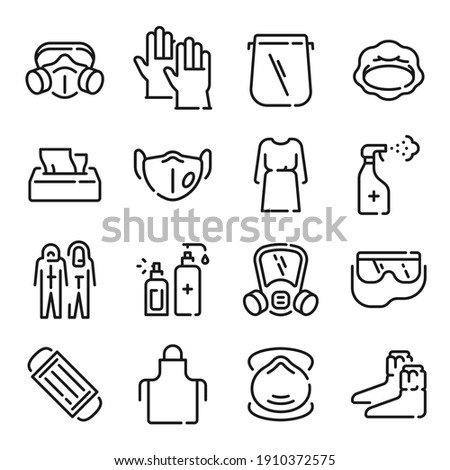 Ppe line icons. Medical covid-19 protection equipments. Outline doctor gown, face mask and shield, hair cover, apron and goggles.  set equipment to care and sanitizing illustration