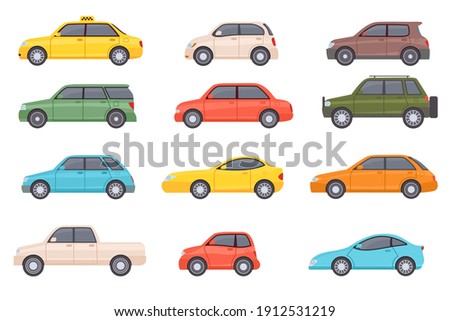 Flat cars. Cartoon vehicle side view. Taxi, minivan, mini car, suv and pickup truck. City auto transport icons. Automobile design vector set. City transportation objects isolated on white