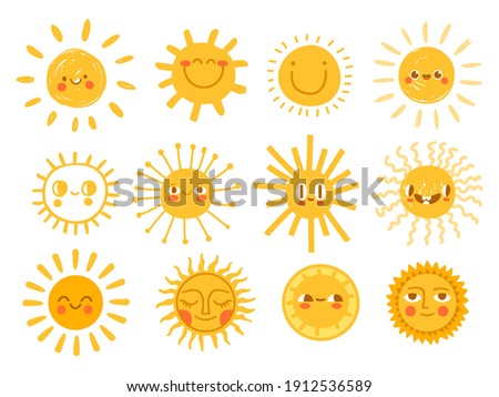 Sun characters. Cartoon sunshine emoji with funny faces. Children nursery decoration with sunny day designs. Kid happy morning vector set. Warm shining beams with smiling cheerful faces
