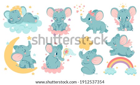 Dreaming elephant. Baby elephants sleep on cloud and moon, catch star or fly over rainbow. Magic animal girl with crown and wings vector set. Cute characters with bows and flowers on head