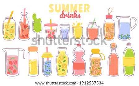Cartoon juice and lemonade. Refreshing summer drinks with lemon in glass, bottle or jug. Fruit or berry beverages and cocktails vector set. Cup with straw, citrus and mint leaves isolated