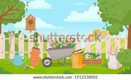 Garden landscape with tools. Cartoon spring poster with yard and fence, wheelbarrow, flowers, seedling and pots. Gardening vector concept. Birdhouse, gumboots and watering can on grass