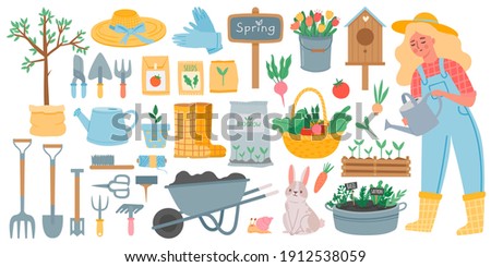 Gardening tools. Spring garden equipment - hoe, fork, shovel and rake, wheelbarrow and seeds. Woman watering plants. Horticulture vector set. Rabbit and snail, basket with vegetables