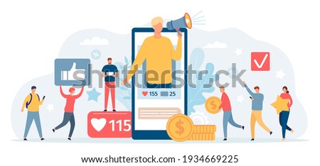 Referral program. Man with megaphone on phone screen invite friends and get money. Social media marketing, loyalty programs vector concept