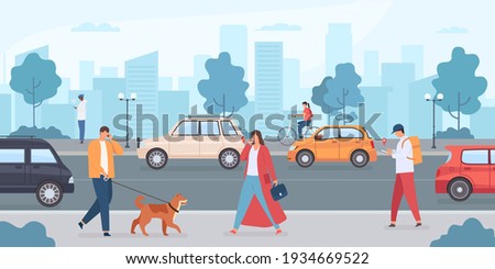 Cars on city road. People walking with dog and riding bike on street. Urban infrastructure and transport traffic. Flat vector driverless car