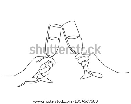 Continuous line champagne cheers. Hands toasting with wine glasses with drinks. Linear people celebrate christmas or birthday vector concept