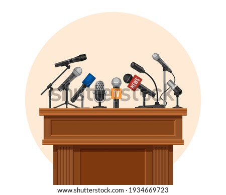 Press conference podium. Tribune for debate speaker with journalist microphone. Platform for interview or public announcement vector concept