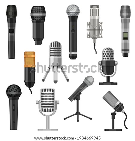 Cartoon studio microphones. Broadcast, voice and music audio recording equipment. Karaoke mic and vintage radio microphone flat vector set