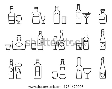 Alcohol drinks line icons. Outline bottles and glasses with beer, wine and bar cocktails. Pub menu symbols for alcoholic beverage vector set