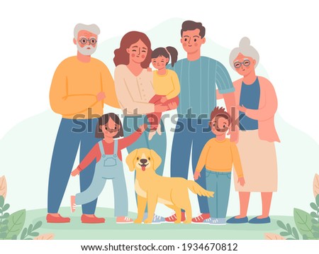 Big family. Happy parents, children, grandma and grandpa. Smiling dad, mom, kids and dog. Three generation standing together vector portrait