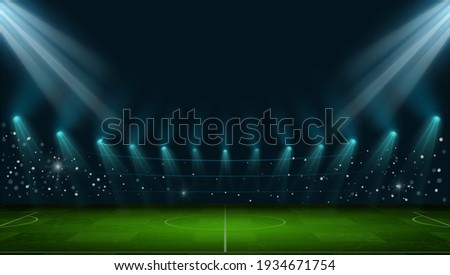 Soccer arena. Realistic european football stadium with grass field, lights and spotlights. 3d ball sport game playground vector night scene