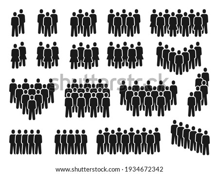People crowd icons. Group of persons gathering, men and women silhouette. Employee team, citizen or social community pictograms vector set
