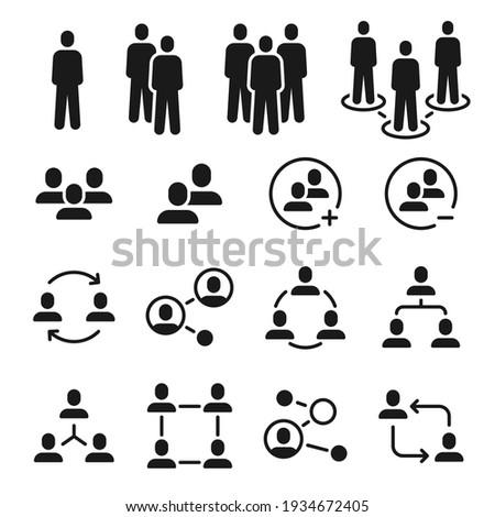Network group icons. Social community, business team structure, people communication icon. Add member to employee meeting symbol vector set