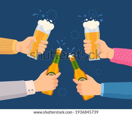 Cheers with beer glasses. Hands holding glass and bottles with alcohol drinks. Friends toast on pub or bar party. Oktoberfest vector concept