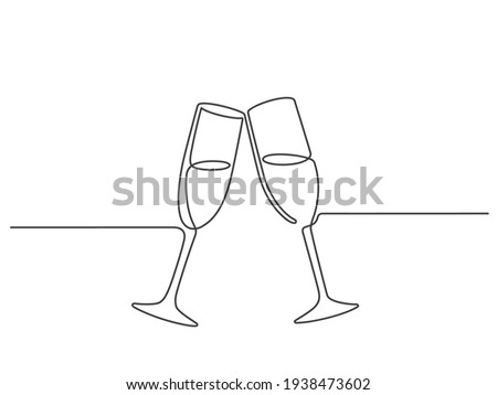 One line champagne toast. Continuous linear couple wine glasses clink. Wedding party cheers. Minimalist new year celebration vector concept