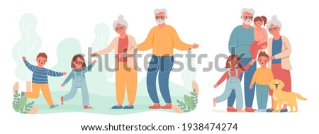 Grandparents and grandchildren. Kid run to visit old grandma and grandpa. Happy grandmother, grandfather and children family vector portrait