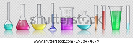 Beaker with chemicals. Realistic 3D laboratory glass equipment, test tubes and flask. Lab glassware for medical or science study vector set