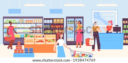 People in supermarket. Grocery shop interior with cashier and customers with carts and basket buying food. Cartoon mall store vector concept