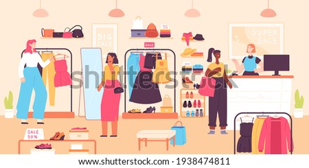 Women buying in boutique. Fashion clothes shop discount, vendor and shopping female consumers. Dress sales in apparel store vector concept