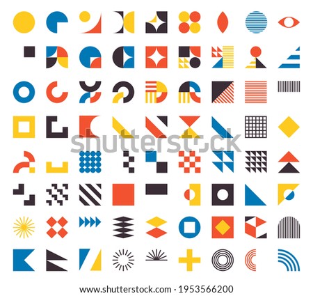 Bauhaus elements. Modern geometric abstract shapes in minimal style. Brutalism basic forms, lines, eye, circles and patterns, art vector set. Colorful figures and dots simple design