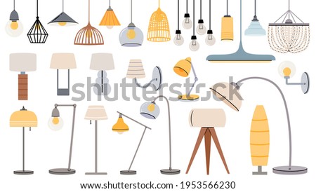 Cartoon lamps. Cozy flat torcheres, hanging chandeliers and lamp for table, floor. Home illumination design for modern interior vector set. Indoor electrical equipment of different style